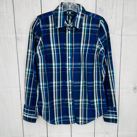 Tommy Hilfiger WOMEN'S XS Y2K Plaid Button Up Shirt blue gray western country - Picture 1 of 7